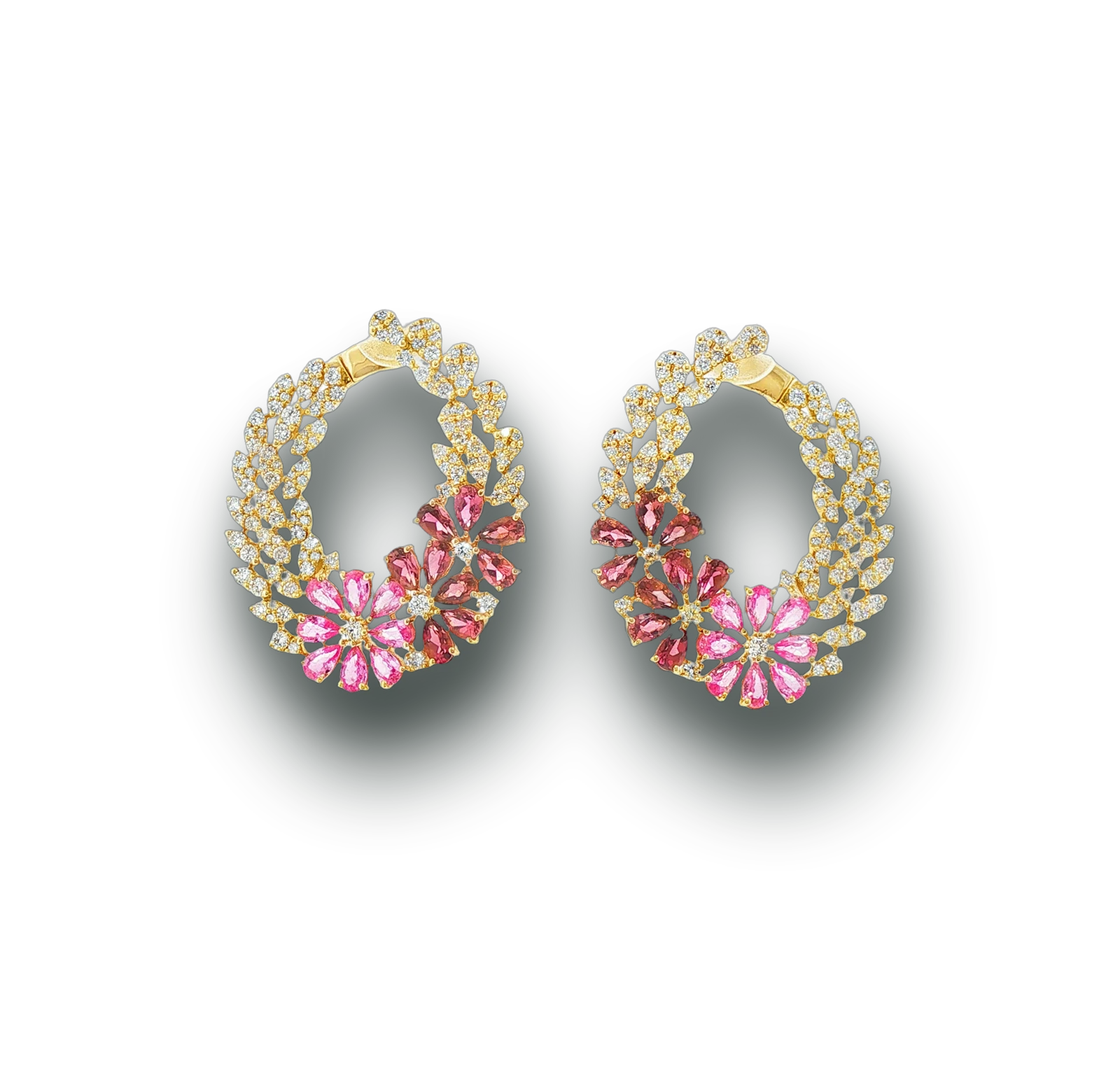 Pink sapphire, tourmaline and diamond flower statement earrings