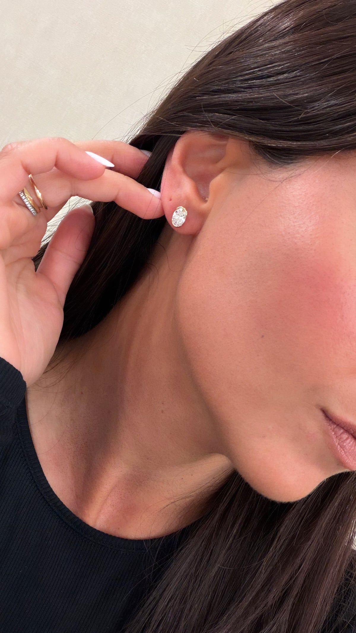 Lab Half Bezel Oval Diamond Studs