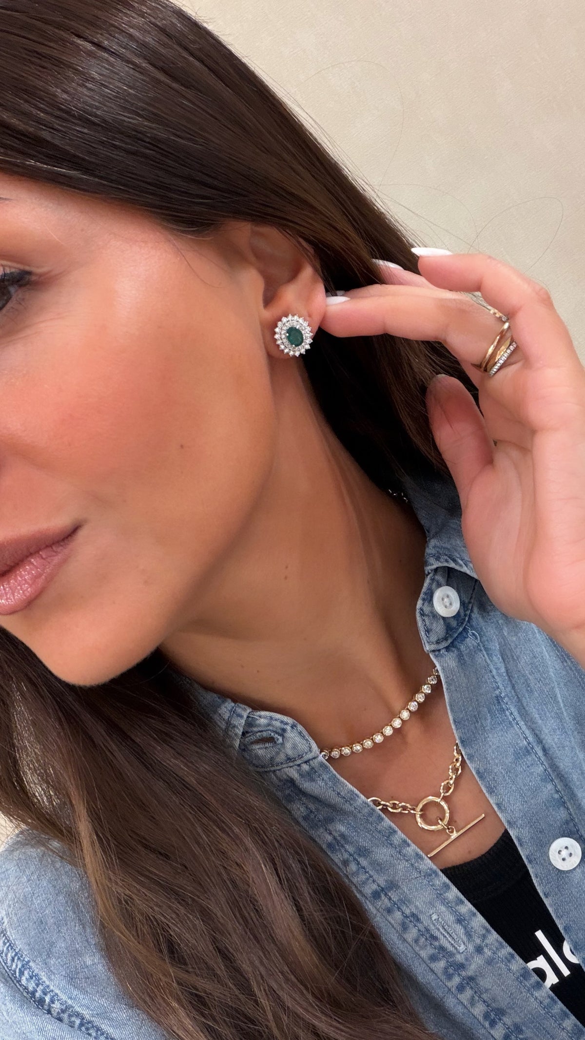 Diamond Halo Earrings With Emerald Center