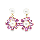 Pink Sapphire & Pearl Flower Earrings
