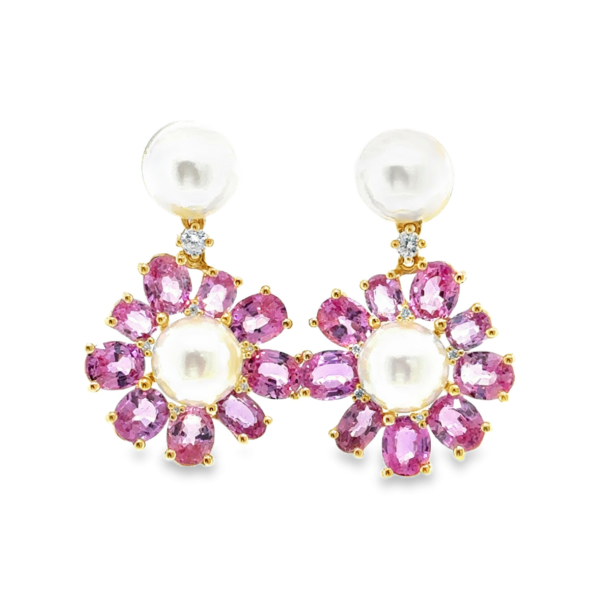 Pink Sapphire & Pearl Flower Earrings