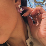 Pink Sapphire & Pearl Flower Earrings