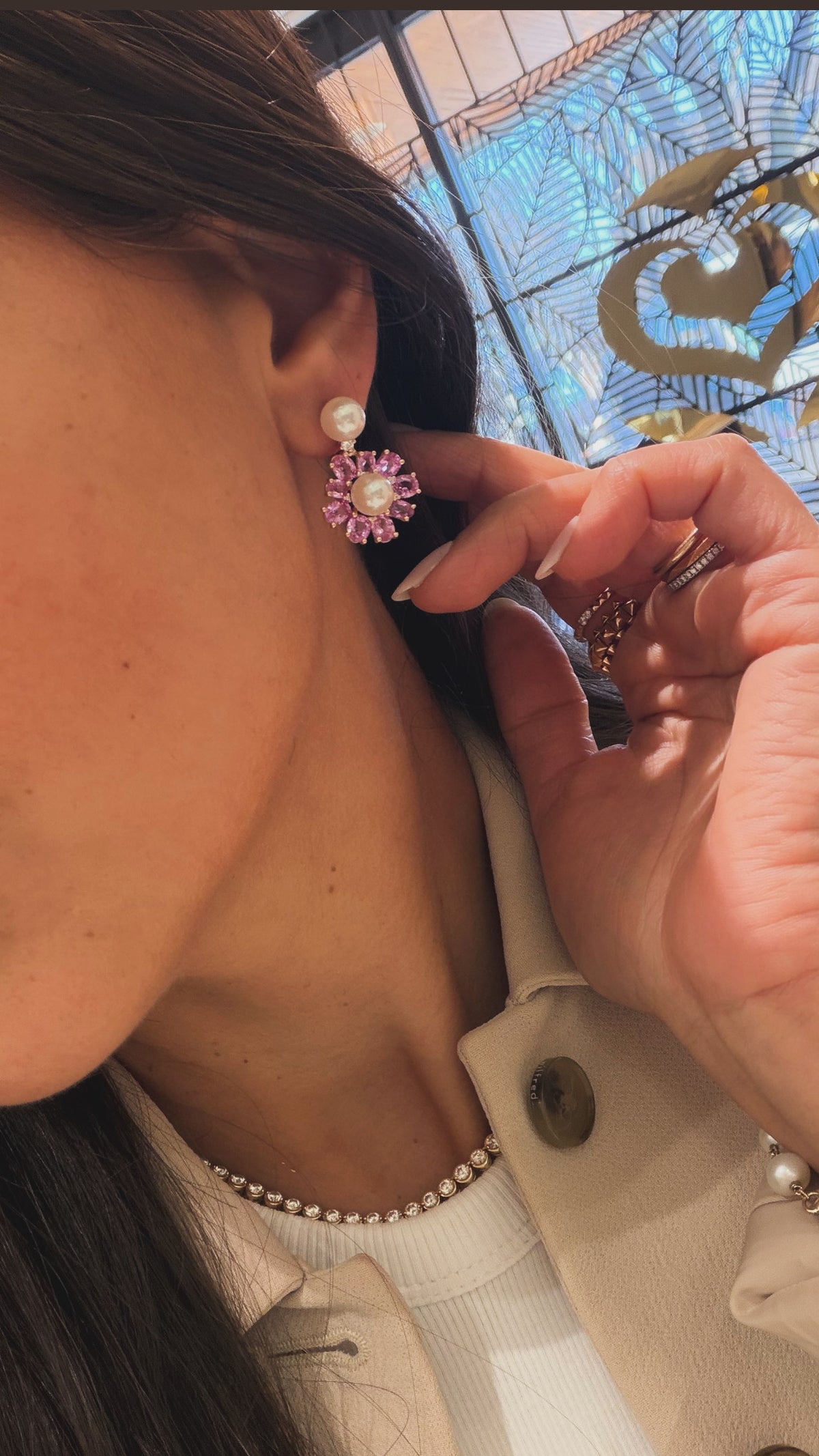 Pink Sapphire & Pearl Flower Earrings