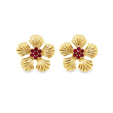 Gold Flower Earrings With Ruby Center