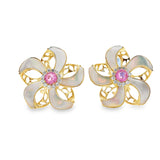 Mother Of Pearl Flower Earrings With Pink Sapphire Center
