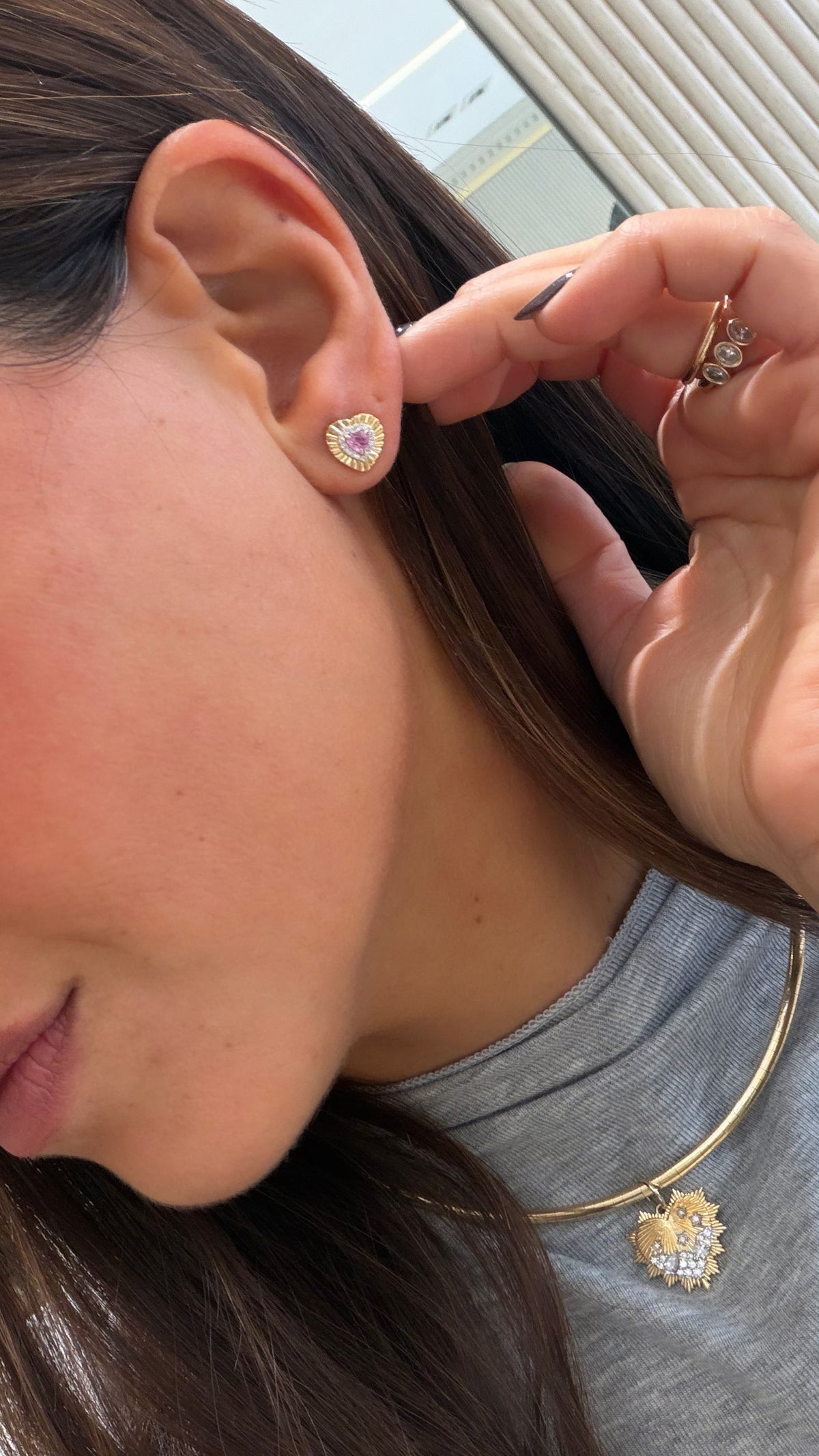 Fluted Pink Sapphire Heart Studs