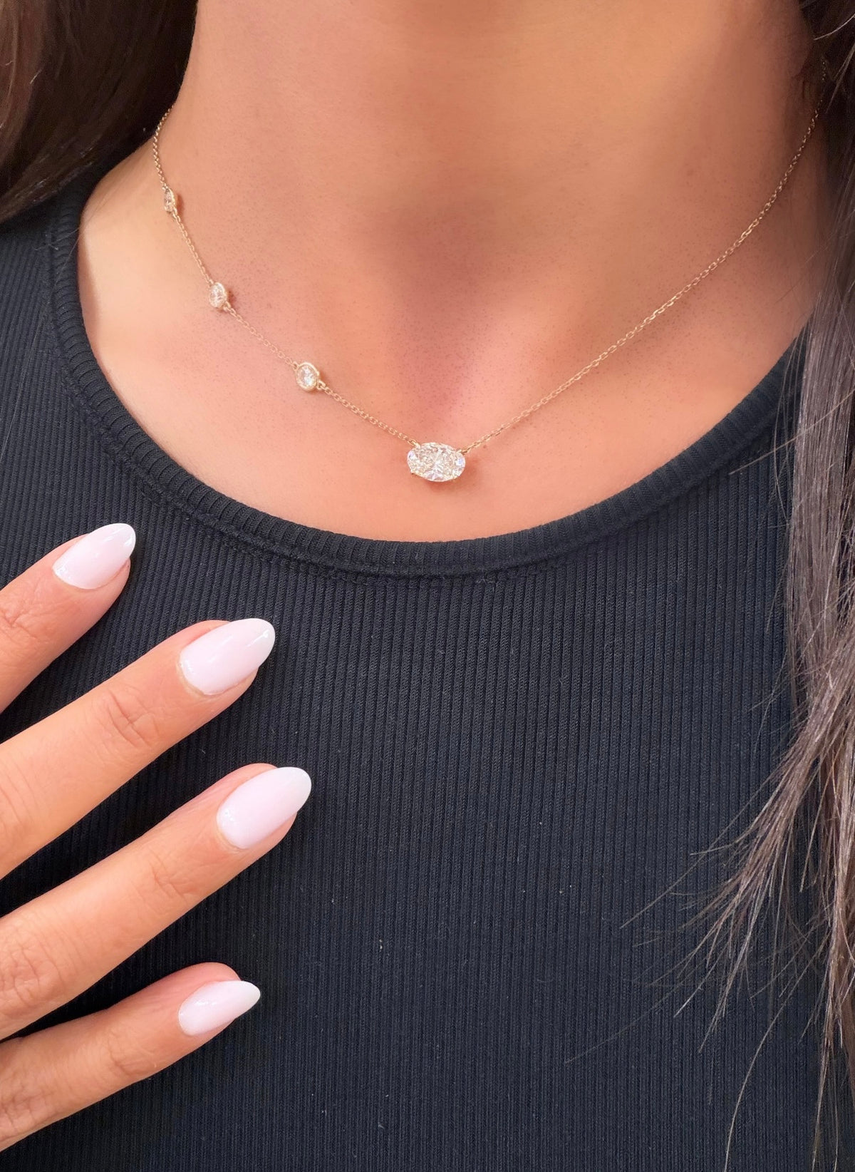 Lab Oval Solitaire Necklace With Bezel Diamond Chain