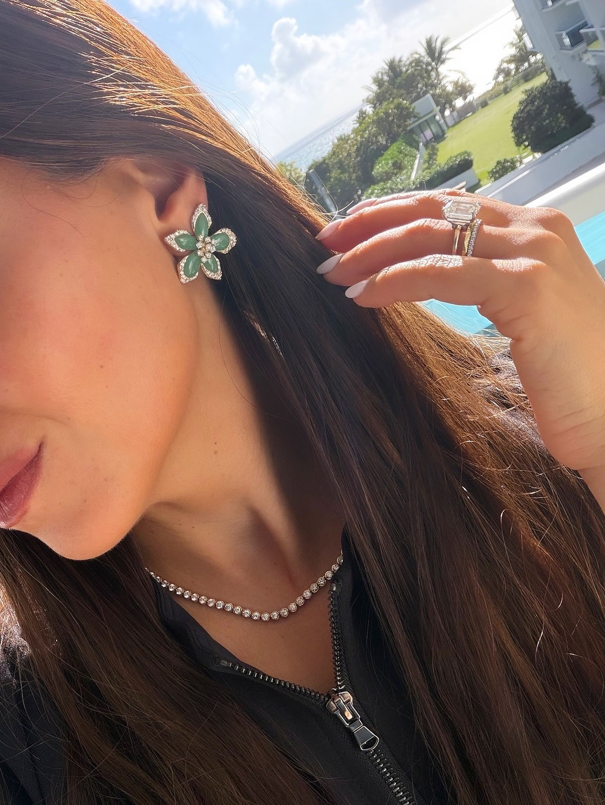 Jade & Diamond Flower Earrings