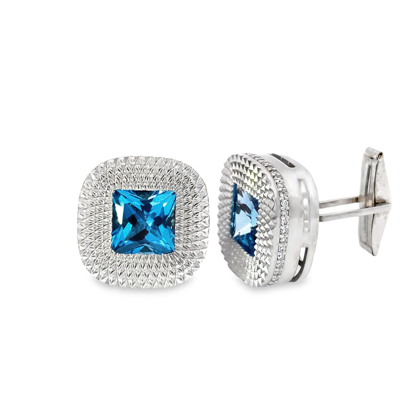Blue Topaz Princess Cut Cufflinks with Hidden Diamond Halo WG