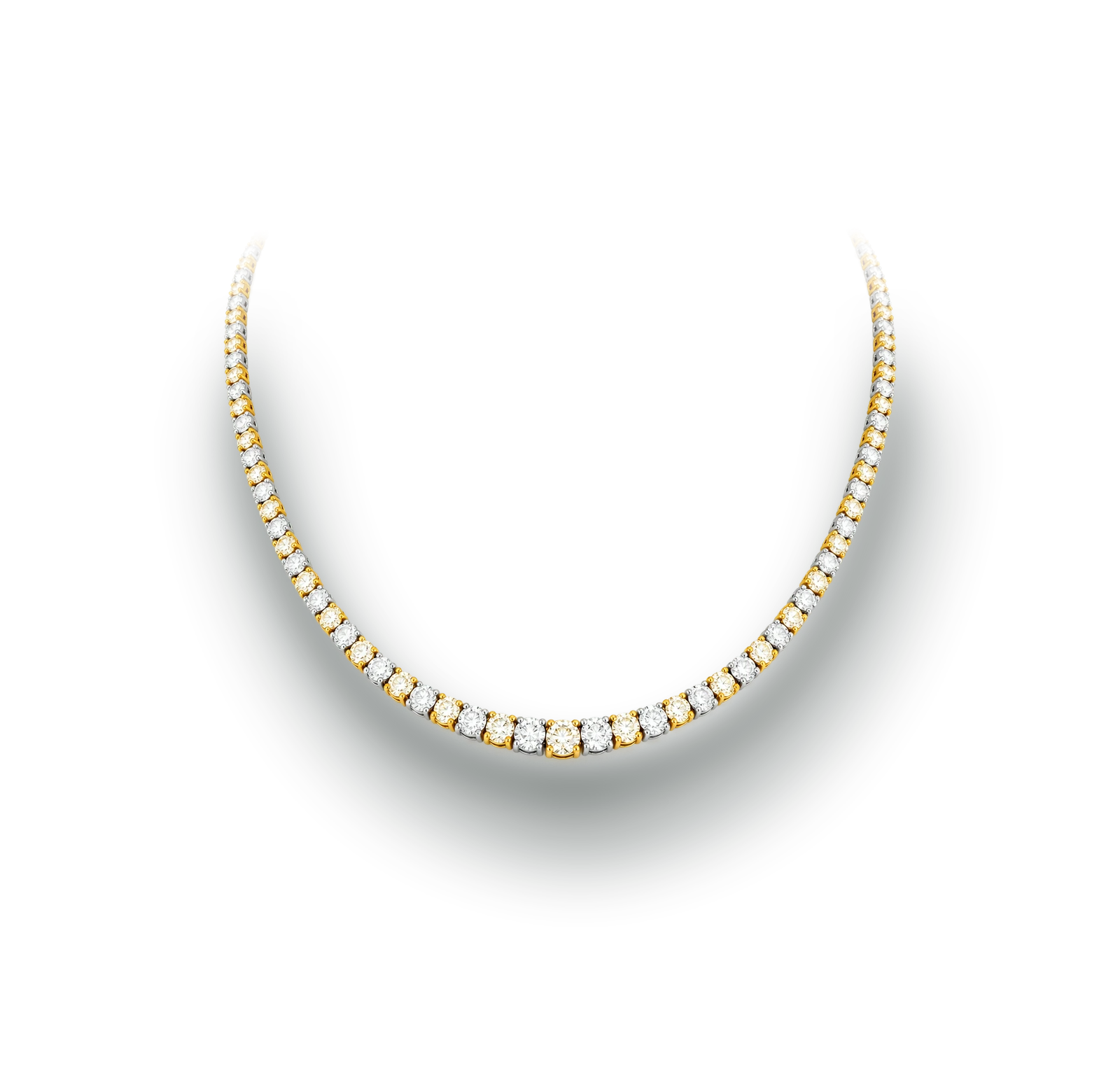 Graduated white and yellow diamond tennis necklace